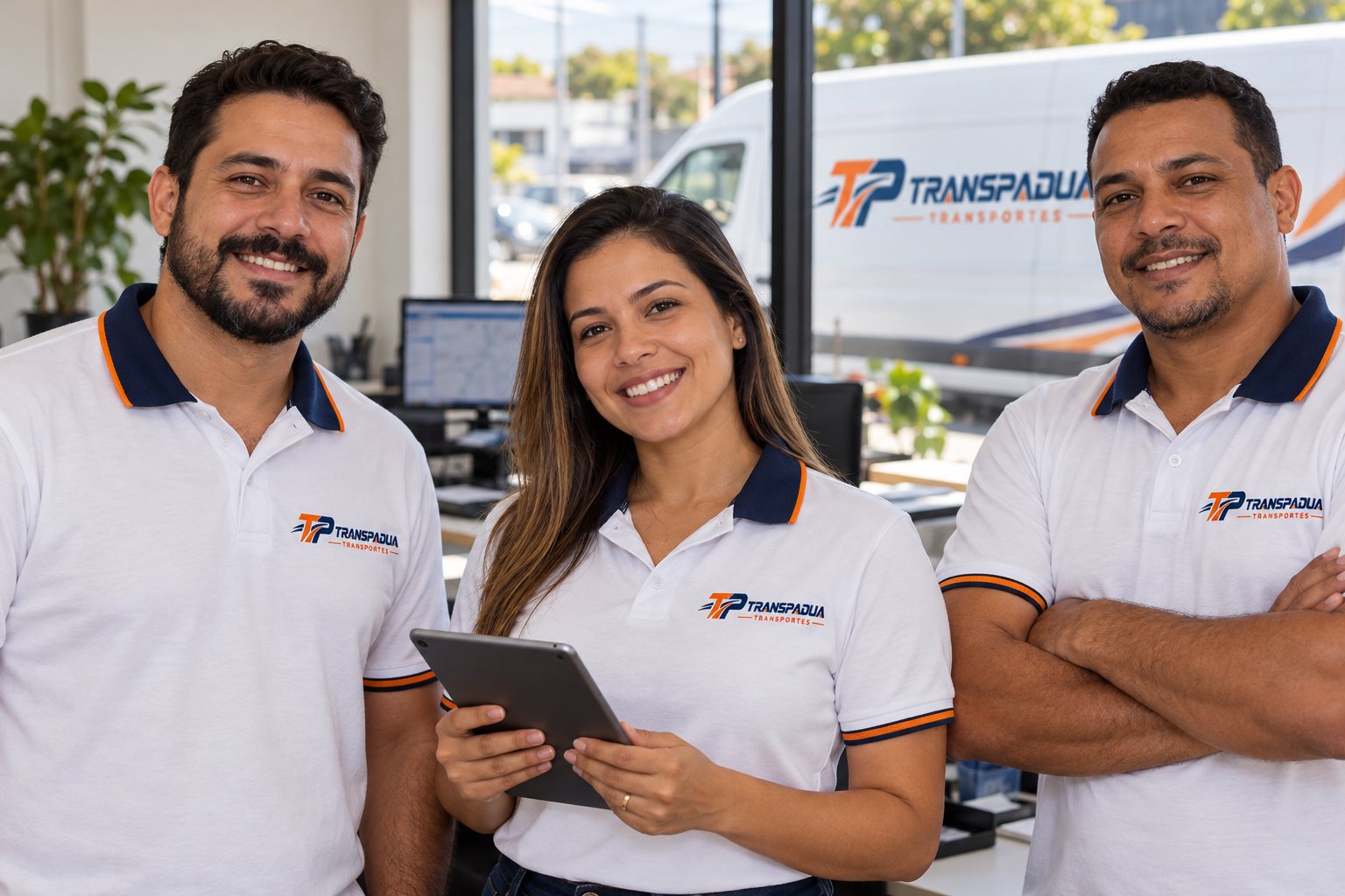 Equipe Trans Padua no escritório de despacho, com van da marca ao fundo